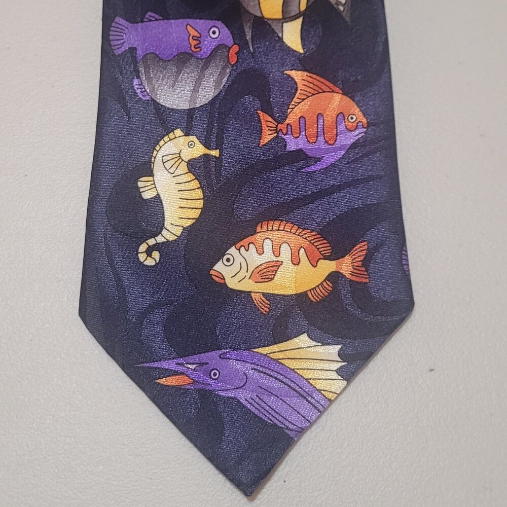 Necktie FRATELLO Dark Blue Pattern with Ocean Fish & Seahorses Scene Hand-Made